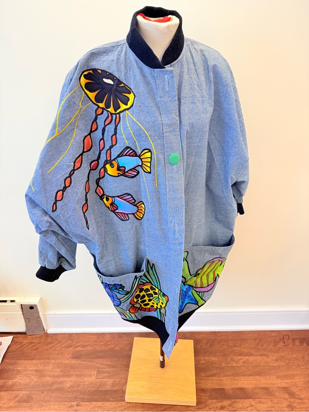 Vintage Silkscapes Denim Jacket with Colorful Sea Life Appliqué